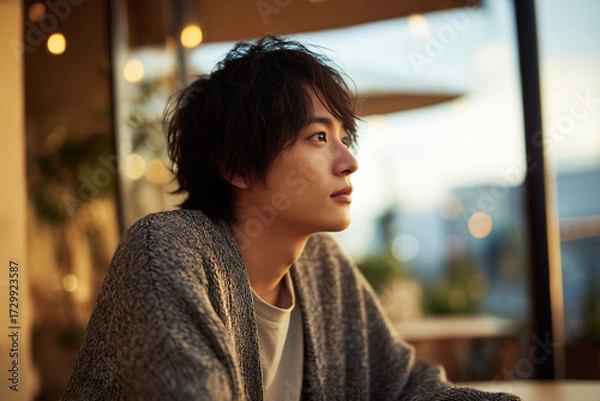 Obraz 夕焼けの暖かい光を浴びながら、窓の外の景色を遠く見つめるニットカーディガン姿の若い男性のポートレート