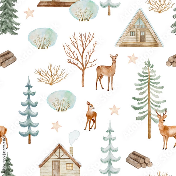 Fototapeta A seamless digital watercolor pattern featuring deer, pine trees, small cabins, and stars in a gentle, snowy winter landscape.
