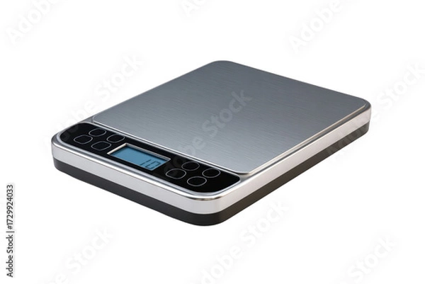 Fototapeta A digital scale with a black and silver base. The scale has a digital display and a black and silver top