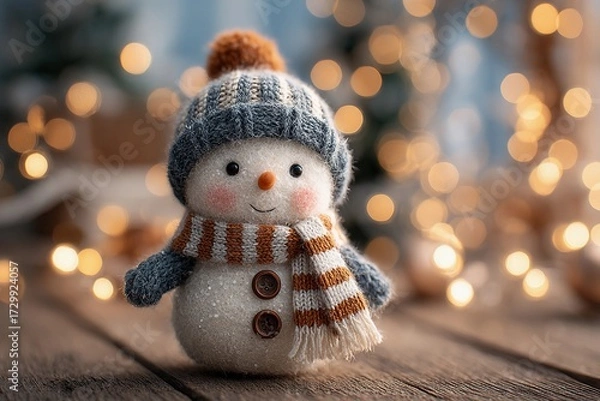 Obraz Charming Snowman in a Cozy Holiday Setting With Twinkling Lights Generative AI