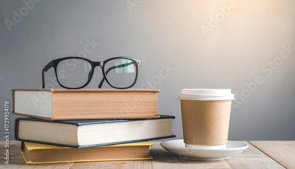 Obraz Peaceful morning scene with stacked books, reading glasses, and a coffee cup. Perfect for education, creativity, mindfulness, and relaxation themes.