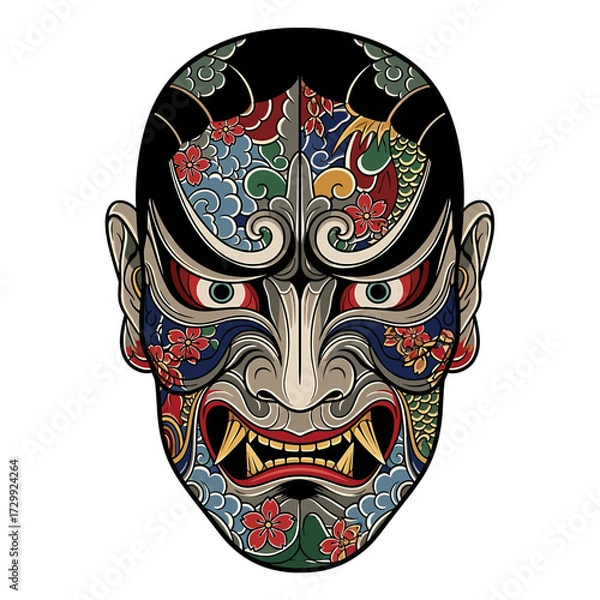 Obraz Intricate and colorful Japanese Hannya mask with traditional patterns and fierce expression on a white background.