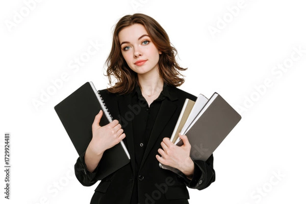 Fototapeta A girl in a black suit with notebooks. She is wearing a black suit and she is a professional. Concept of productivity and focus