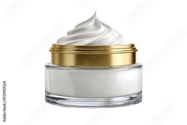 Fototapeta A jar of cream with a gold rim sits on a white surface. The cream is whipped and has a smooth, creamy texture. The jar is clear and allows the cream to be seen through it