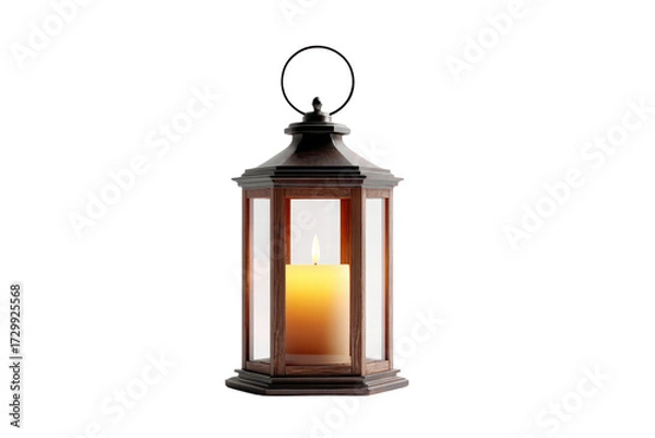 Fototapeta A candle is lit in a lantern. The lantern is made of wood and has a glass window. The candle is the only light source in the scene