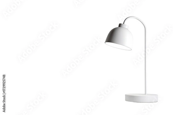 Fototapeta A white lamp is sitting on a table in front of a white wall. The lamp is turned on, and the light is shining on the wall. The room is empty, with no furniture or decorations