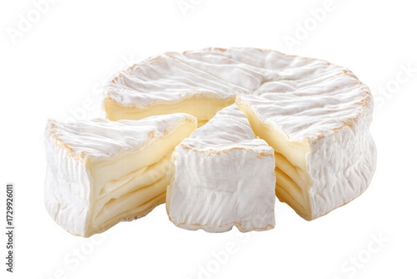 Fototapeta A wedge of cheese has been cut out of a large white cheese wheel. The cheese is sliced into a triangle and is sitting on a white background