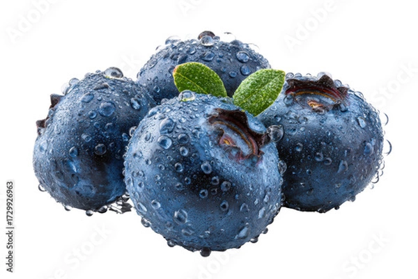 Fototapeta A close up of four blueberries with a leaf on top. The blueberries are wet and shiny