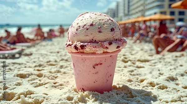 Fototapeta Refreshing Ice Cream with Beach Summer Vibes Representing Sweet Holiday and Relaxation Concept
