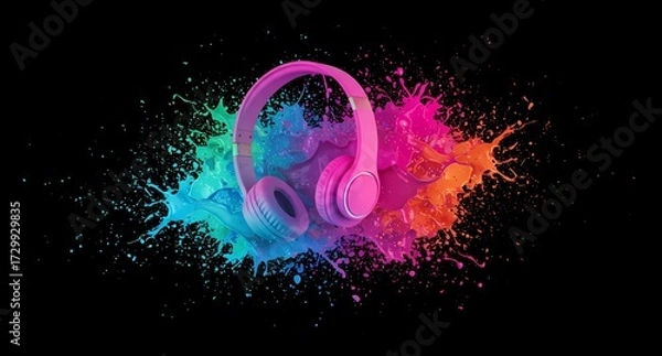 Obraz 飛び散るカラフルなペンキとピンクのヘッドフォン