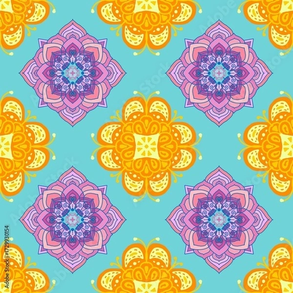 Fototapeta Colorful Mandala Seamless Pattern Orange Pink Turquoise
