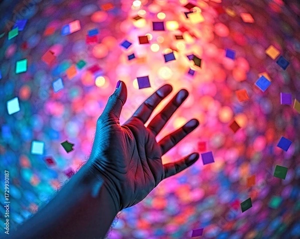 Fototapeta Hand Reaching Toward Colorful Digital Light Sphere with Squares