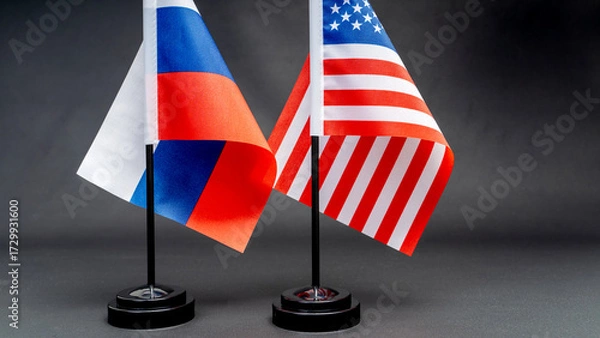 Obraz the Russian flag and the US flag on the table. Negotiation Concept