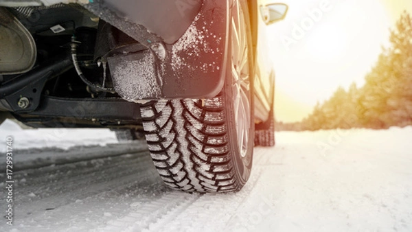 Obraz Car on winter tires on snow. Winter tyre tread on snow