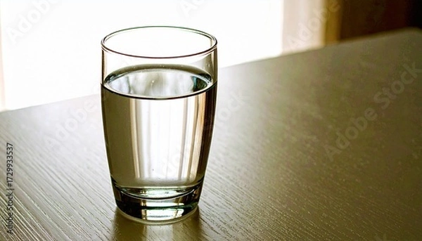 Obraz Clear glass of fresh water placed on a light table with natural reflections. Symbol of purity, hydration, wellness, and minimal lifestyle