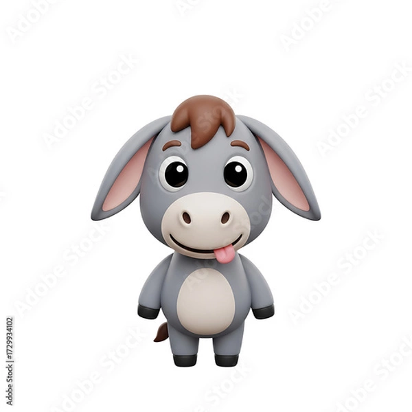 Obraz A cute 3D cartoon donkey character with big eyes and a playful expression, sticking its tongue out on a white background.