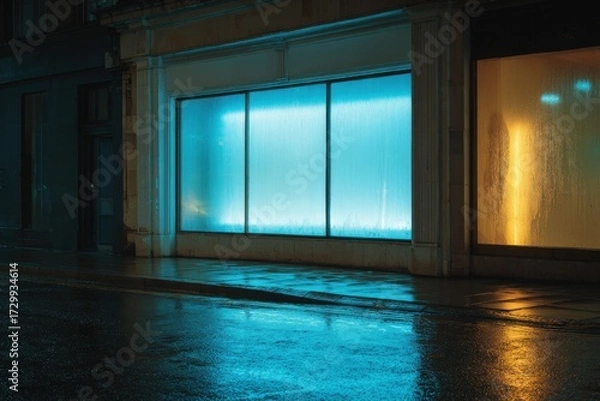 Fototapeta Vibrant neon lights illuminating urban storefronts at night with colorful glow modern architecture reflective surfaces and vibrant cityscape atmosphere