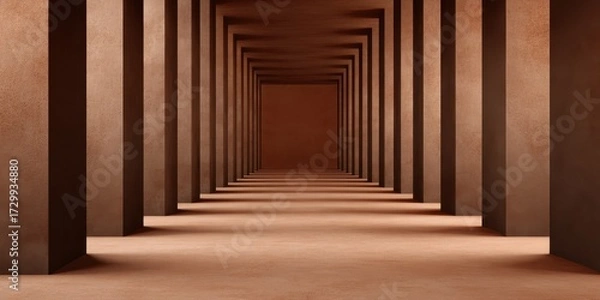Fototapeta Three-dimensional Perspective Dimensionality concept. Abstract corridor with repeating geometric design and warm tones.