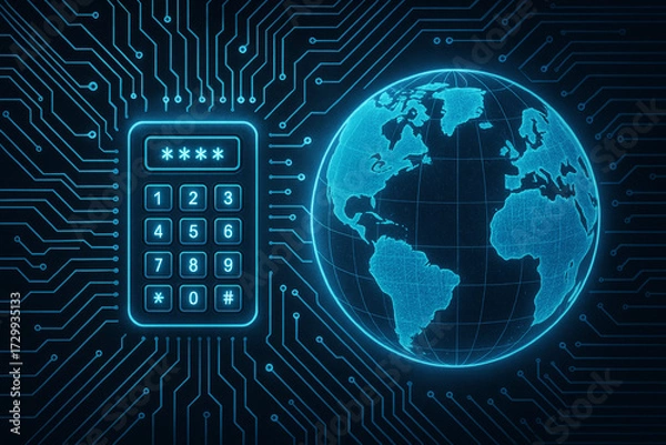 Obraz Calculator with planet Earth and digital circuit graphics, symbolizing smart technology, IoT connectivity, innovation, professions, global business and intelligent digital solutions