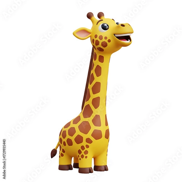 Obraz A cheerful, cartoon giraffe with a long neck, brown spots, and a smiling expression.