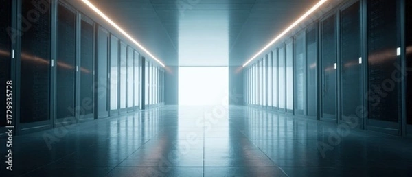 Fototapeta Modern futuristic server room with sleek architecture high-tech digital infrastructure advanced security clean design professional data center environment