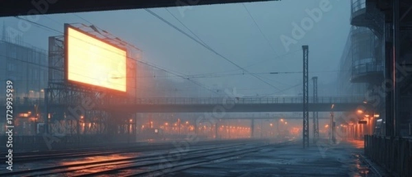 Fototapeta Urban night cityscape with illuminated buildings foggy atmosphere vibrant skyline reflective streets modern architecture glowing lights and atmospheric scenery in a bustling