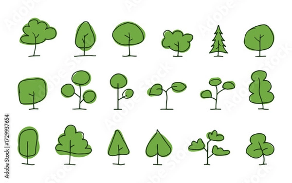 Fototapeta Collection of hand drawn organic green tree icons in flat style. Perfect for infographics. eco-friendly projects, books, banners, nature themes, and environmental design illustrations.