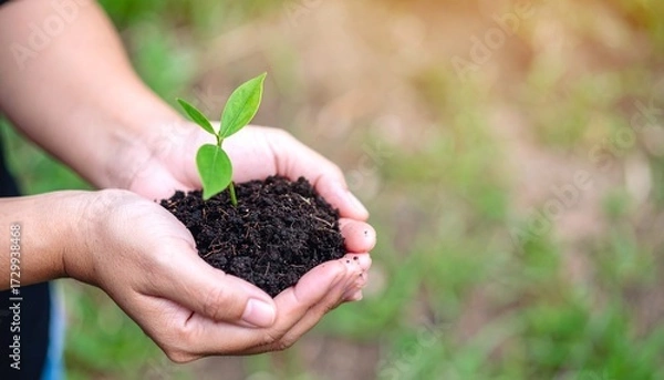 Obraz Close-up of hands nurturing a green seedling in sunlight, symbolizing nature care, growth, agriculture, environmental protection, and sustainability.