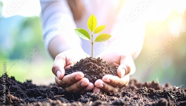 Obraz Close-up of hands nurturing a green seedling in sunlight, symbolizing nature care, growth, agriculture, environmental protection, and sustainability.