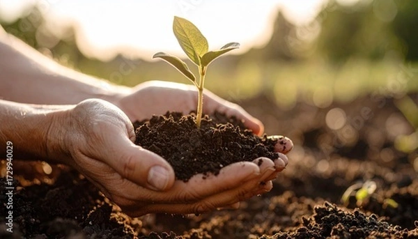 Obraz Close-up of hands nurturing a green seedling in sunlight, symbolizing nature care, growth, agriculture, environmental protection, and sustainability.