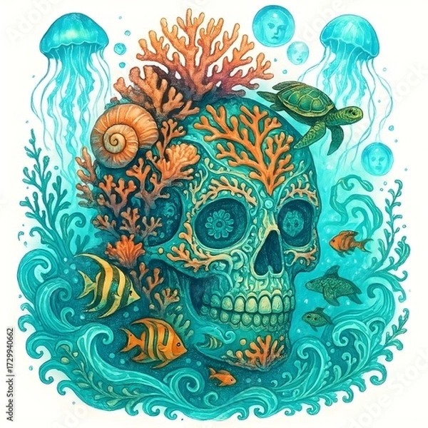 Fototapeta Ocean Inspired Sugar Skull with Marine Elements on White Background