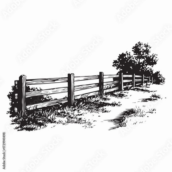 Obraz Rural Wooden Fence Farm Scene Vector Image Isolated on white background