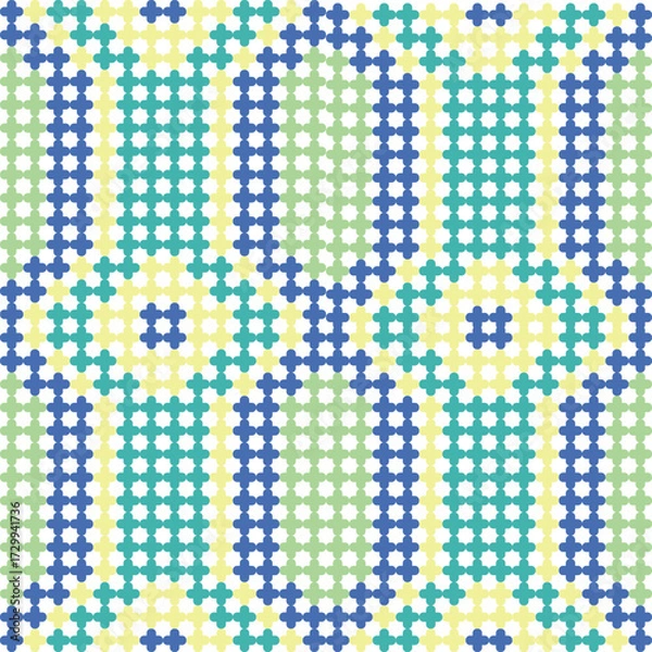 Fototapeta Geometric vector pattern with colorful flowers and round polka dots for a bright retro fabric design