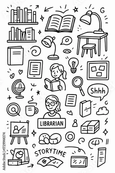 Fototapeta Hand-drawn Doodle Style Vector Set of Library Elements, Black Outline Sketch Illustrations, Ideal for Both Digital and Print Use
