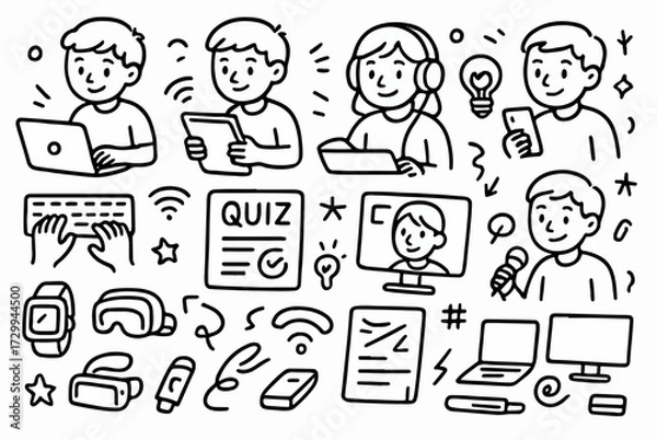 Fototapeta Hand-drawn Doodle Style Vector Set of Tech-Savvy Students, Black Outline Sketch Illustrations, Ideal for Both Digital and Print Use
