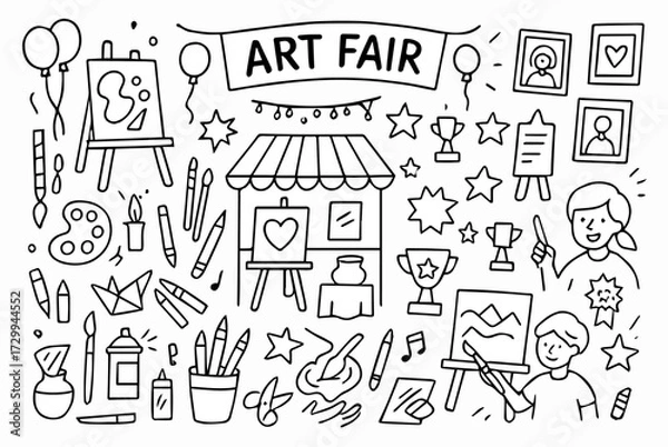 Fototapeta Hand-drawn Doodle Style Vector Set of Art Fair Elements, Black Outline Sketch Illustrations, Ideal for Both Digital and Print Use
