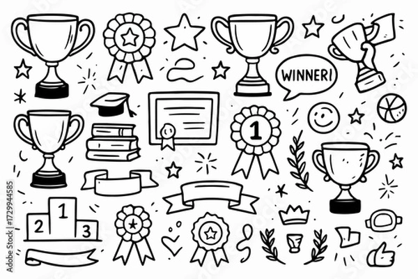 Fototapeta Hand-drawn Doodle Style Vector Set of Award Ribbons and Trophies, Black Outline Sketch Illustrations, Ideal for Both Digital and Print Use
