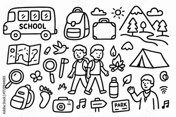 Fototapeta Hand-drawn Doodle Style Vector Set of Field Trip Elements, Black Outline Sketch Illustrations, Ideal for Both Digital and Print Use
