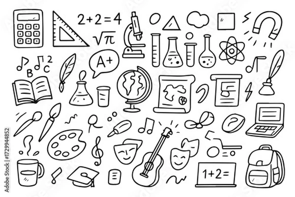Fototapeta Hand-drawn Doodle Style Vector Set of Learning and School Subjects, Black Outline Sketch Illustrations, Ideal for Both Digital and Print Use
