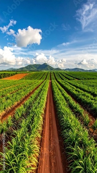 Obraz Agricultural landscape with rows of sugarcane