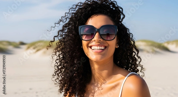 Obraz Happy woman enjoying sunny day at the beach wearing sunglasses and smiling with curly hair and clear blue sky in the background perfect summer scene