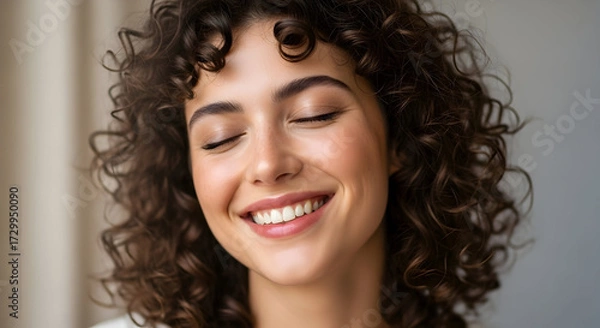 Obraz Close-up of a smiling young woman with curly hair and radiant skin enjoying a joyful moment indoors with natural lighting and a blurred background