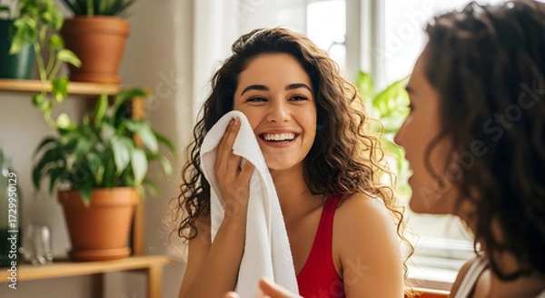 Obraz Happy young woman wiping her face with a towel smiling brightly in a cozy home environment with plants and natural light for wellness and skincare themes