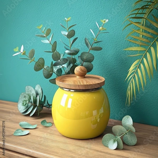 Obraz Modern Home Decor with Green Plant and Bright Yellow Jar, Colorful Kitchen or Living Room Decor Setup