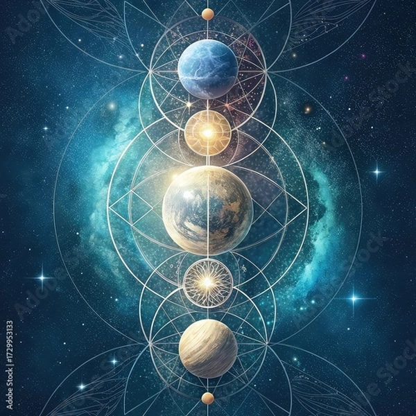 Obraz Fantasy Universe Background with Planets and Orbits, Celestial Abstract Illustration of Planetary System 