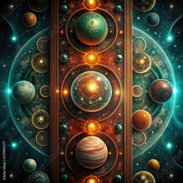 Obraz Fantasy Universe Background with Planets and Orbits, Celestial Abstract Illustration of Planetary System 