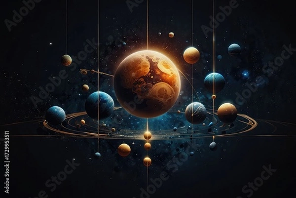 Obraz Fantasy Universe Background with Planets and Orbits, Celestial Abstract Illustration of Planetary System 