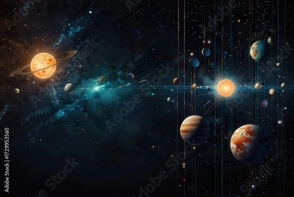 Obraz Fantasy Universe Background with Planets and Orbits, Celestial Abstract Illustration of Planetary System 