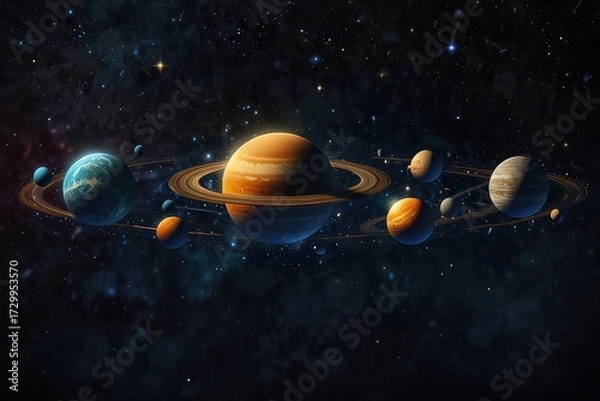 Obraz Fantasy Universe Background with Planets and Orbits, Celestial Abstract Illustration of Planetary System 