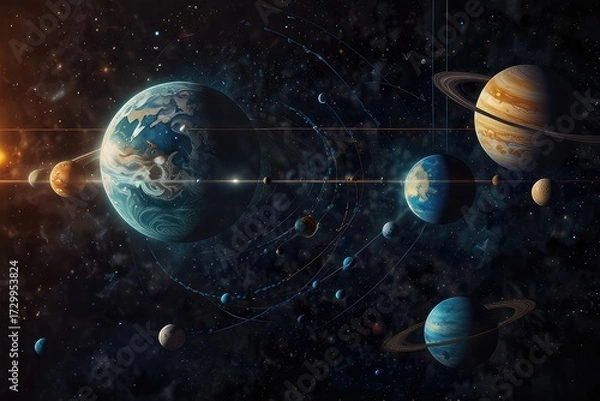Obraz Fantasy Universe Background with Planets and Orbits, Celestial Abstract Illustration of Planetary System 